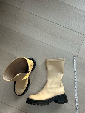 Cream Platform Lug-Sole Mid-Calf Boots